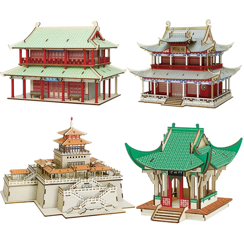 Китайский Павильон 3D Деревянные Пазлы DIY Assembly Building Model Kits Знаменитая Архитектура Головоломки Игрушки Для Детей Рождественские Подарки