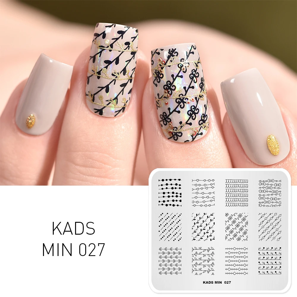 KADS MIN 027 Шаблон в полоску с цветочной сеткой в полоску, Трафарет, инструменты для красоты, украшения для ногтей, пластина для штампов для маникюра