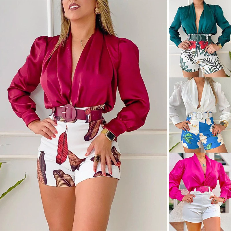 Летний женский комплект с длинным рукавом, цветочным принтом, глубоким V-образным вырезом, сексуальные топы, комплекты блузок и шорт, повседневные весенние рубашки, женские комплекты