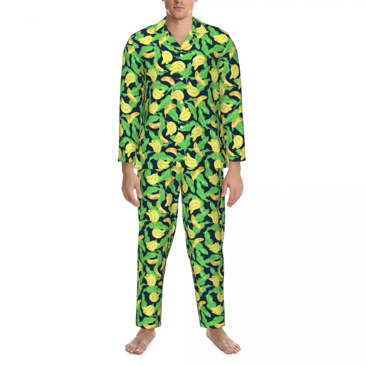 Пижамы с тропическим бананом, Весенний фруктовый принт, Эстетичные пижамные комплекты большого размера, мужская пижама с милым принтом для отдыха с длинным рукавом
