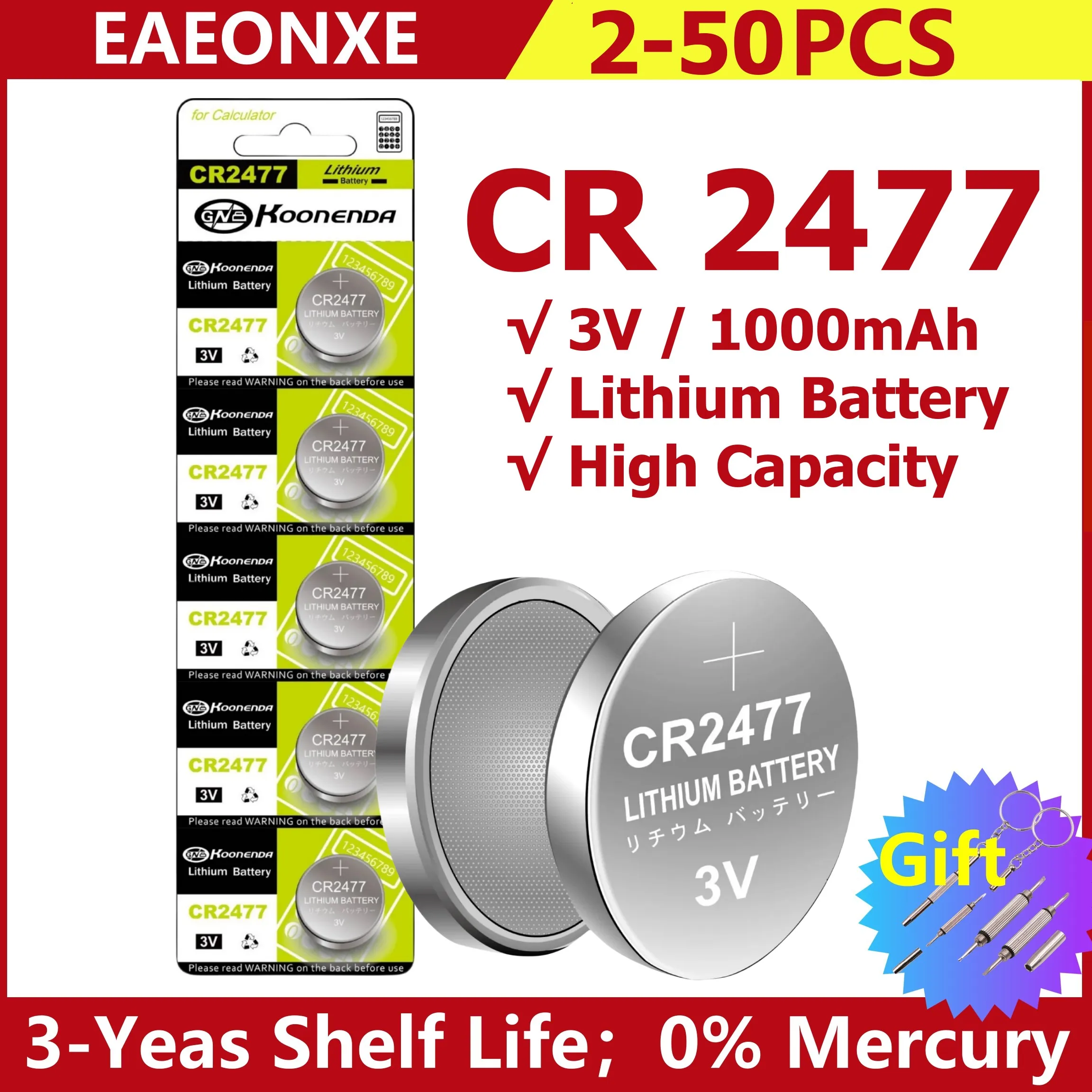 Аккумуляторная батарея CR2477 с кнопочными элементами большой емкости 2-50 шт, 2477 батареек для часов, для весов дистанционного калькулятора, Стабильная работа с подарком