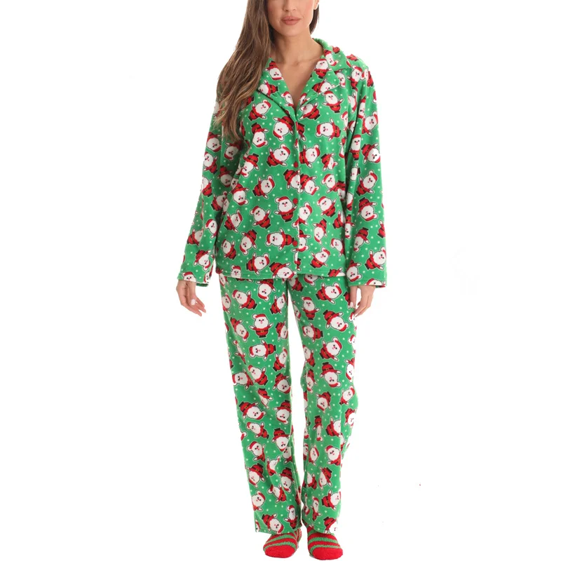 Одежда для женщин, Рождественская пижама с мультяшным рисунком, рубашка с длинным рукавом и брюки на пуговицах, зимняя теплая одежда для отдыха, пижамы