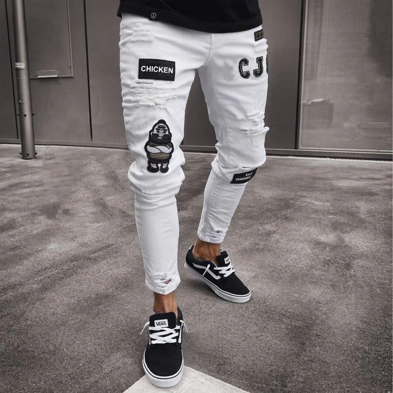Мужские белые брюки-карандаш Y2K, мужские облегающие брюки с дырками, высококачественные джинсовые брюки в стиле хип-хоп, мужские эластичные рваные обтягивающие джинсы с вышивкой