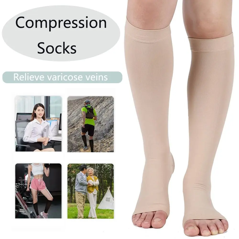 Компрессионные носки унисекс с защитой от усталости до колена, чулки с открытым носком при варикозном расширении вен
