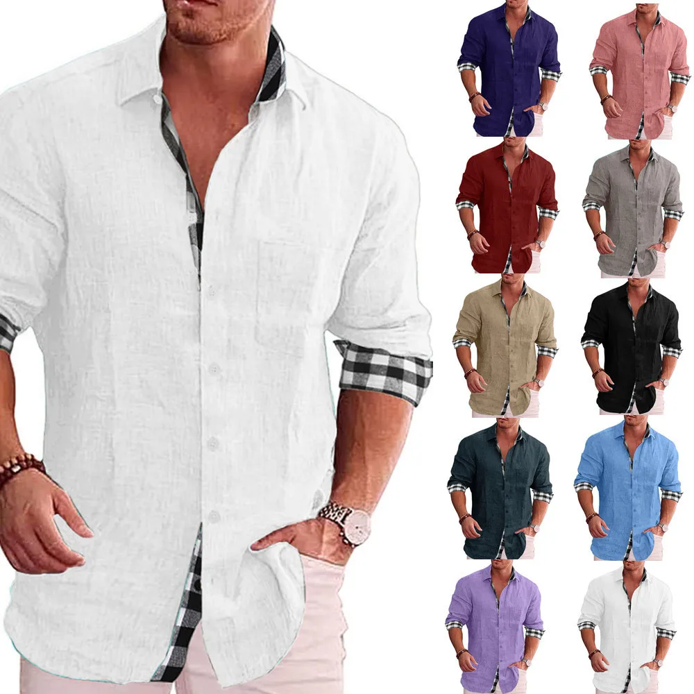 2023 Мужская повседневная хлопчатобумажная льняная рубашка с имитацией шеи, однотонный свободный топ с длинным рукавом, весенне-осенняя красивая модная рубашка, пляжные топы