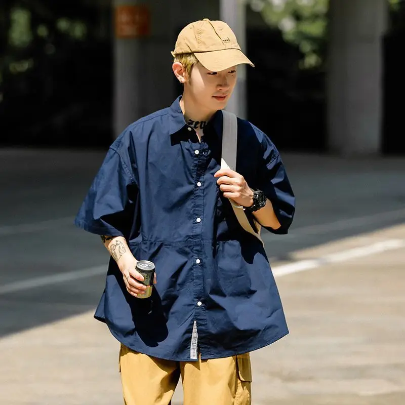 Однотонная Рубашка Essentials с Коротким Рукавом для Мужчин, Блузка на Пуговицах, Летняя Винтажная Уличная Одежда, Корейская Мода, Модная Технологичная Одежда
