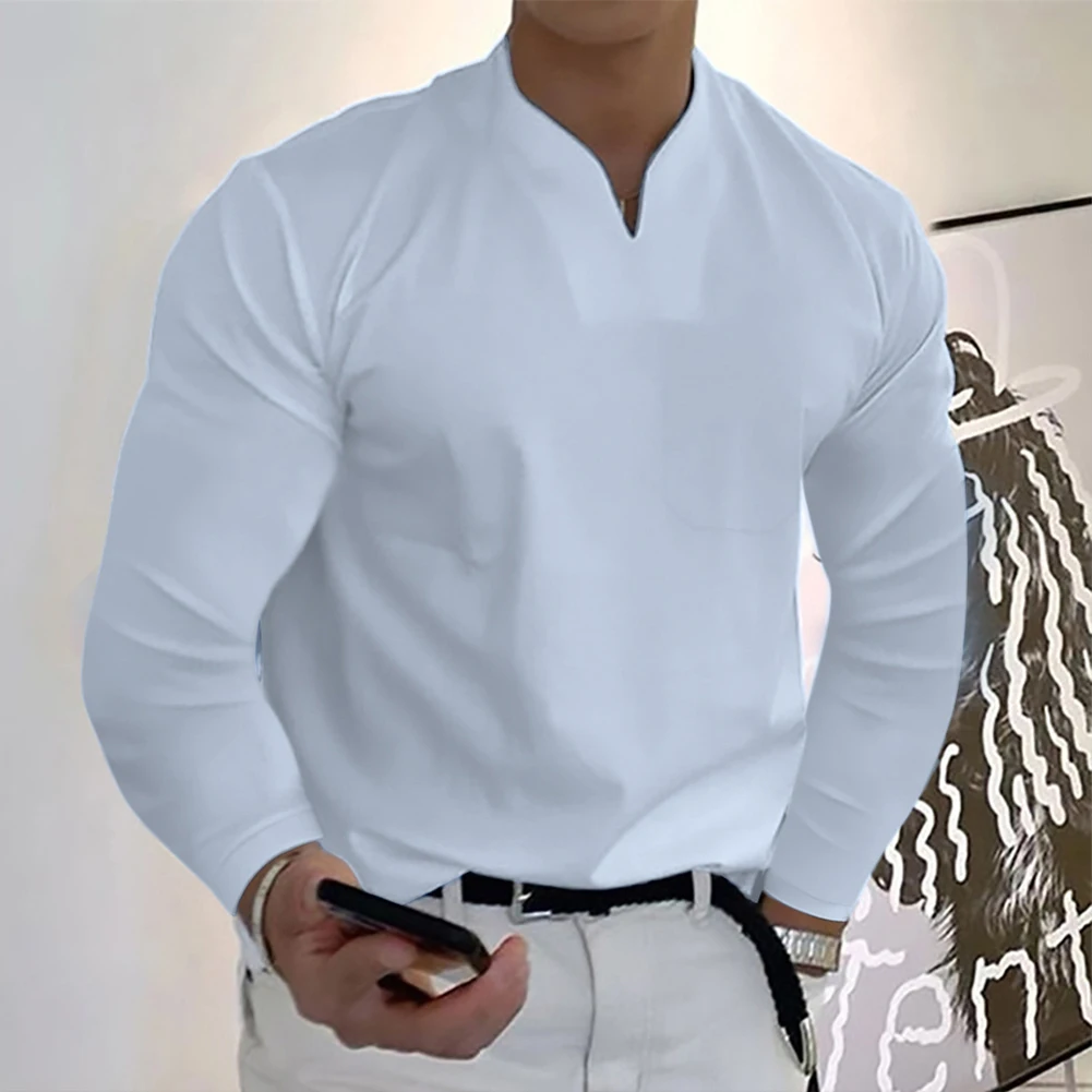 Мужские осенние рубашки с V-образным вырезом и длинным рукавом, офисная блузка с тонким воротником, Топы, футболки, деловые повседневные эластичные футболки из чистого хлопка