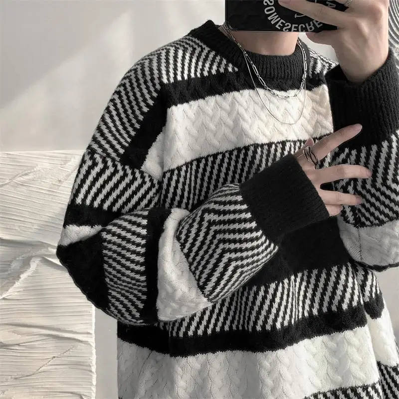 Полосатый свитер с круглым вырезом в корейском стиле, модный мужской бренд ins, осенне-зимний утолщенный свитер, свободные топы в стиле ретро, ленивый свитер