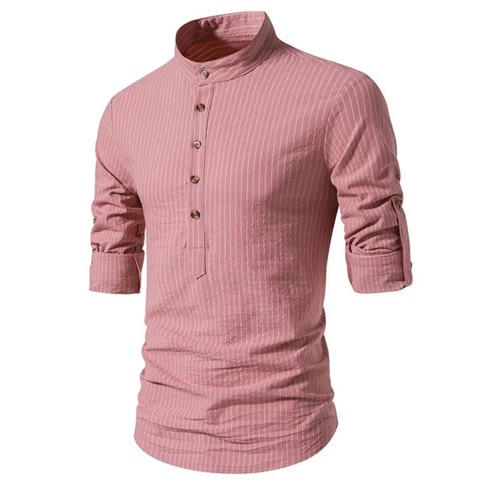Универсальный полосатый топ, приталенная мужская деловая рубашка в полоску с воротником-стойкой, длинный рукав, Дышащий официальный топ для осени и весны