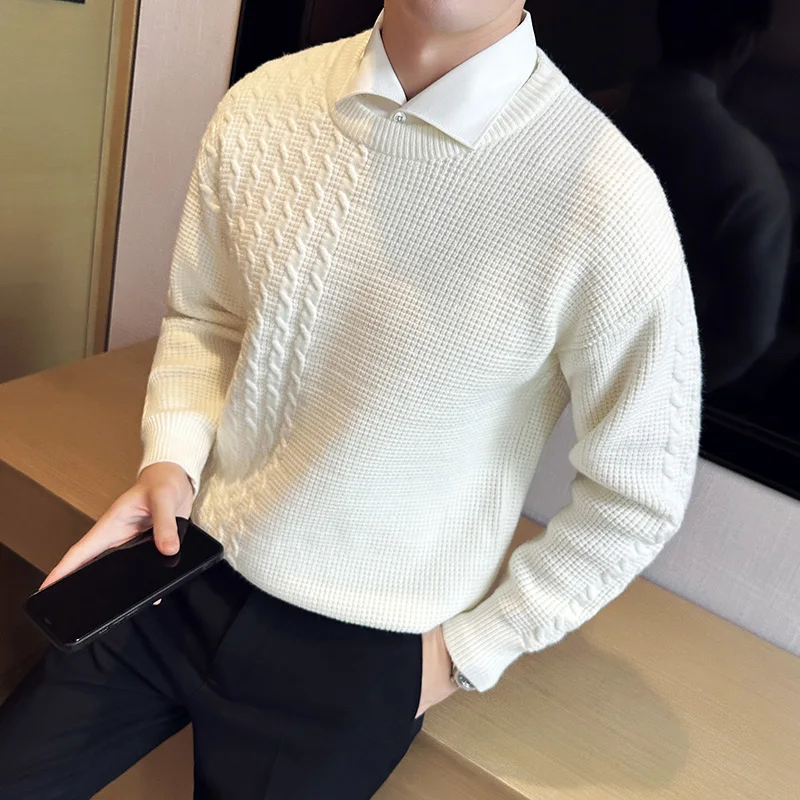 Фирменный пуловер из твист-жаккарда с круглым вырезом, тонкая повседневная мужская рубашка с длинным рукавом, осенне-зимний вязаный свитер, верхняя одежда / Низ