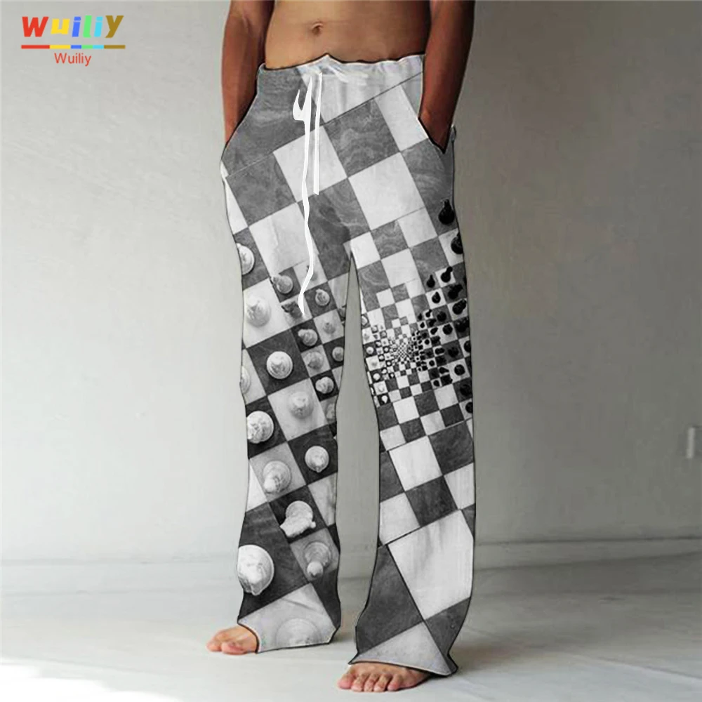 Мужские прямые брюки в шахматном стиле с 3D принтом, эластичный шнурок, Передний карман брюк, пляжные графические принты, комфорт