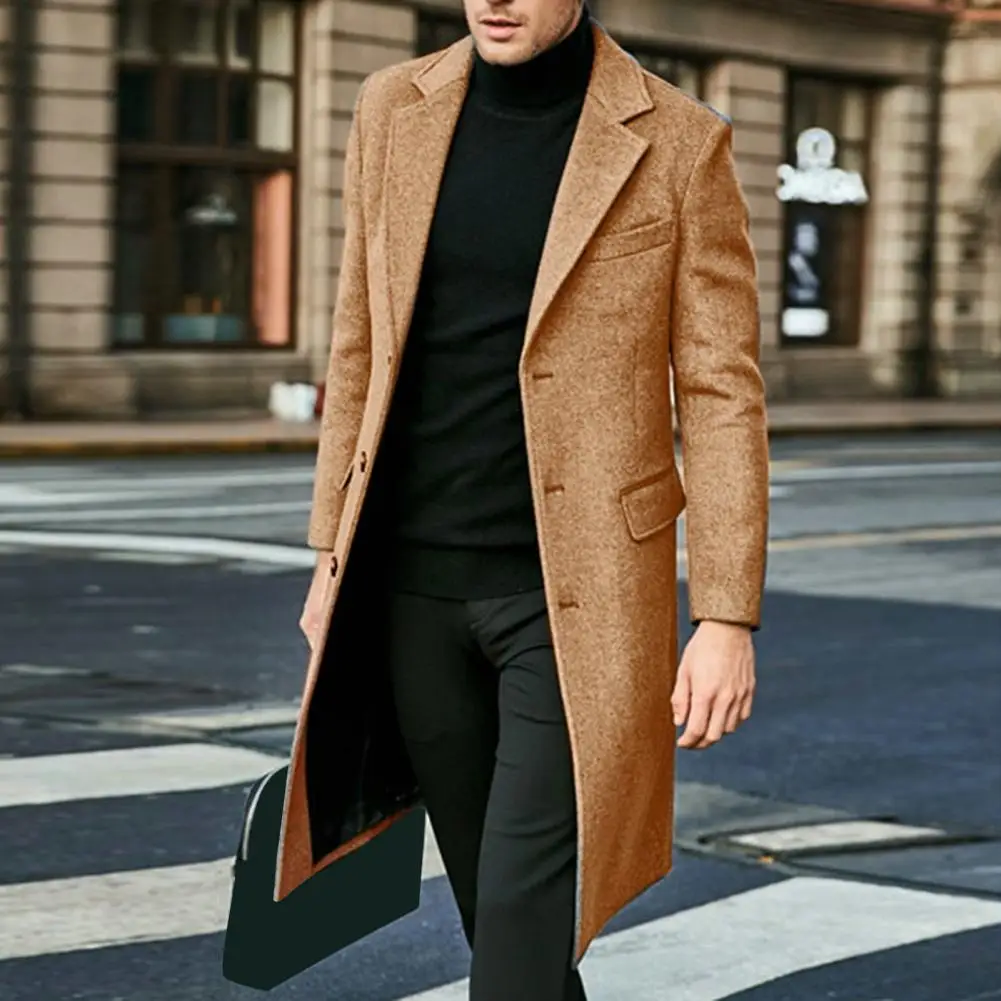 Официальное пальто Длинное мужское пальто в британском стиле, теплая стильная зимняя ветровка с отложным воротником, однобортный дизайн