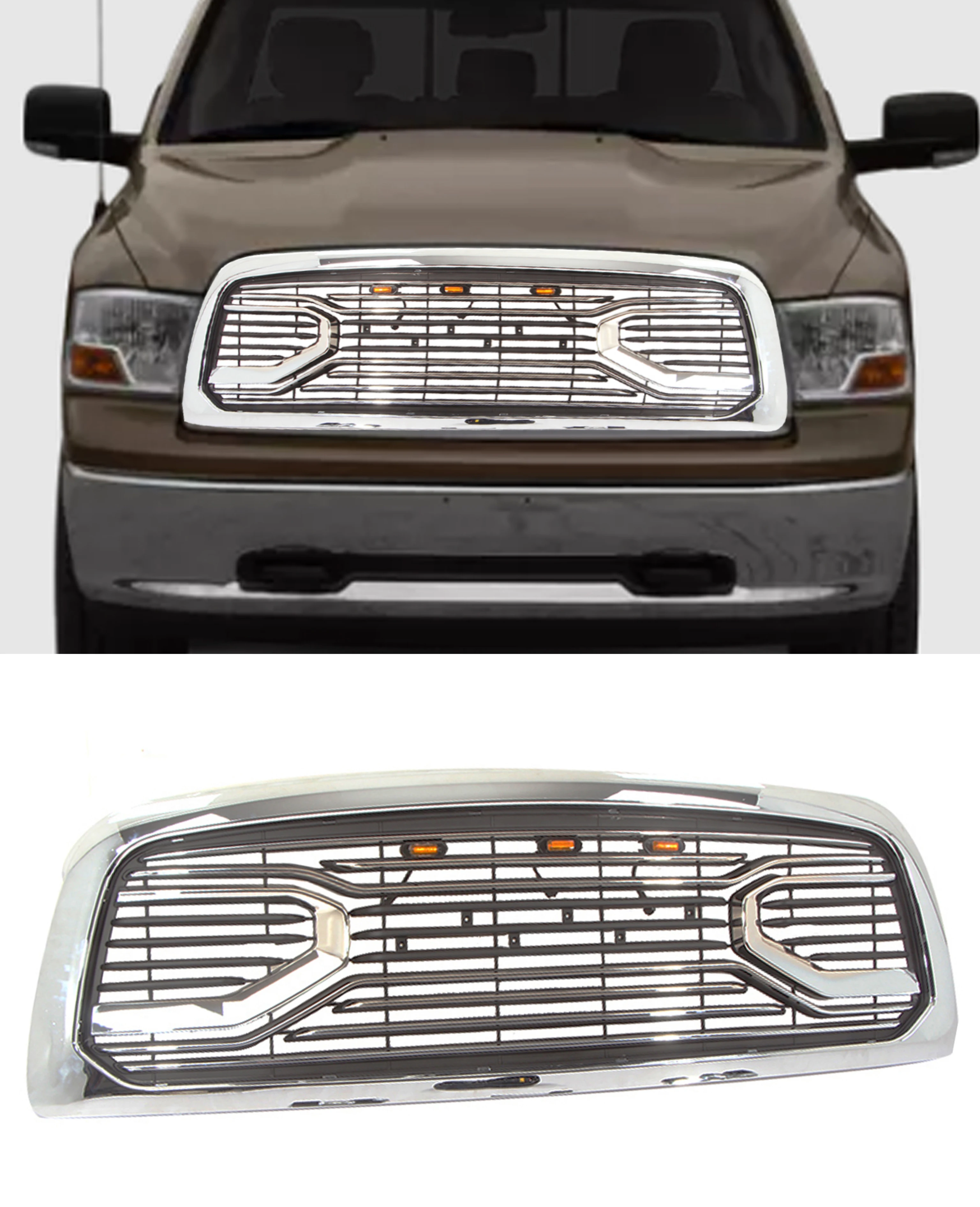 Передняя решетка радиатора для 2010-2019 Dodge Ram 2500 Защитные решетки бампера Гальваническая версия с 3 светодиодными лампами