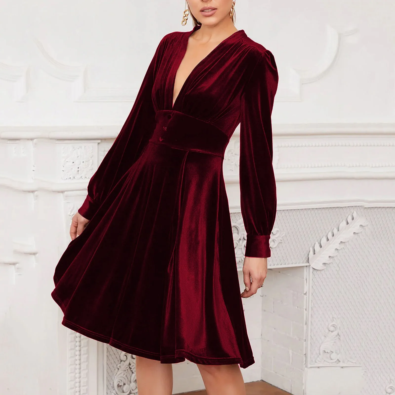 Роскошное вечернее платье Для женщин 2023, Красное бархатное платье с V-образным вырезом, однотонная женская одежда с длинными рукавами, Элегантные Свободные женские вечерние платья Vestidos