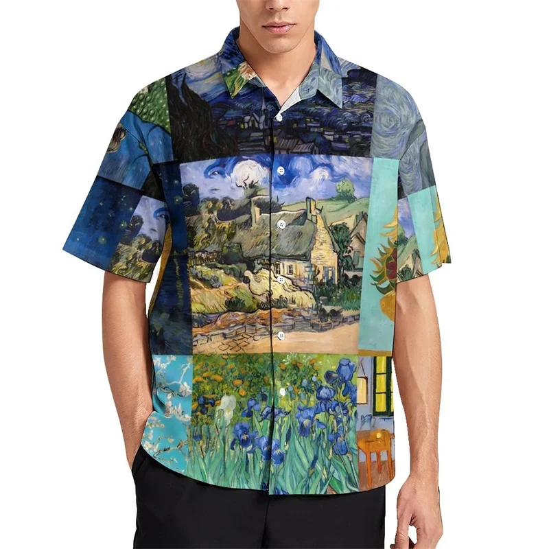 Мужская рубашка с рисунком Ван Гога, художественная графика с 3D-принтом, блузка, летние каникулы, Пляжные рубашки, Уличная одежда, детская одежда с коротким рукавом