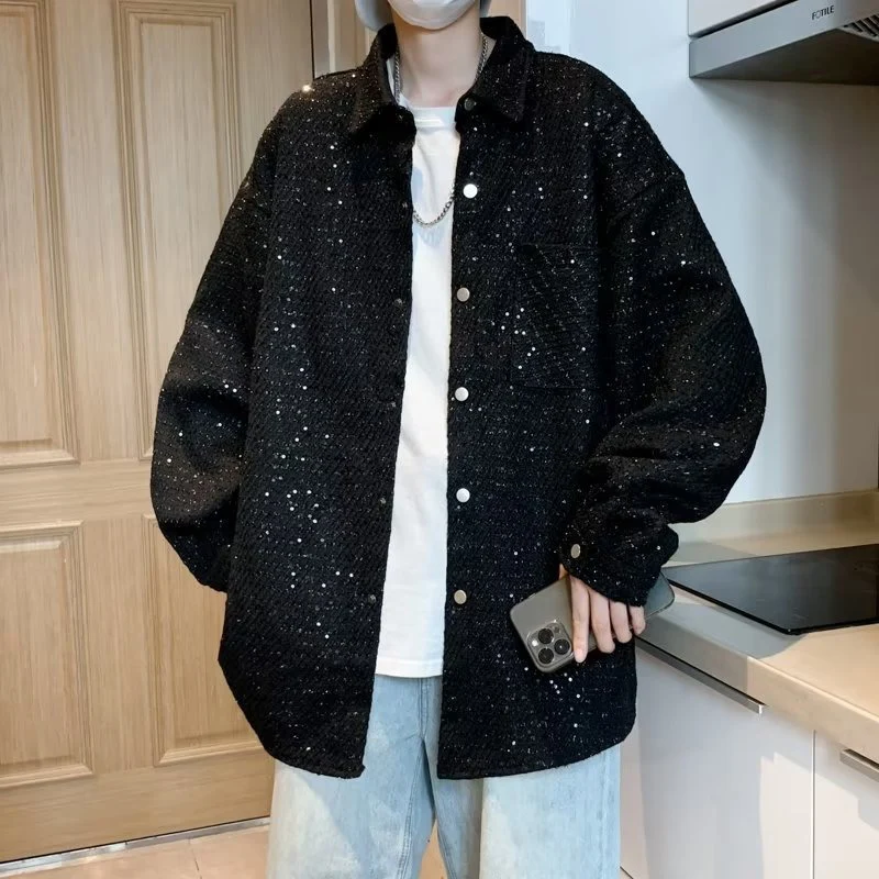 TFETTERS 2023 Осенние Новые Куртки С Блестками Мужские Корейские Свободные Черные Пальто с Отложным Воротником для Пар Модная Уличная Мужская Одежда