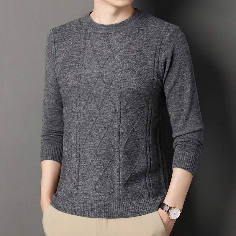 Осенне-зимний мужской однотонный свитер 2023, пуловер с полувысоким вырезом, вязаные повседневные эластичные свитера в ромбовидную клетку
