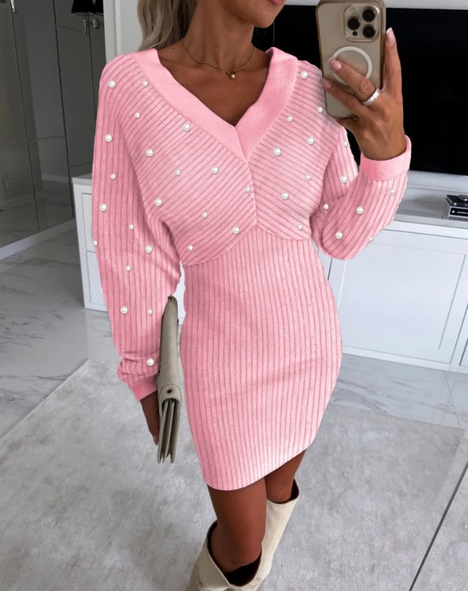 Элегантные и красивые женские платья 2023, осеннее вязаное платье-свитер с V-образным вырезом, расшитое бисером, с длинным рукавом, повседневное мини-розовое платье-карандаш