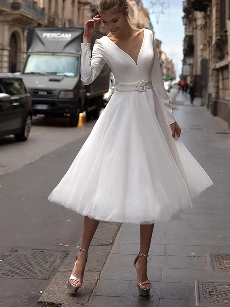 Платье невесты с длинными рукавами, глубокий V-образный вырез с поясом, Свадебные платья для женщин 2023, Простое платье из тюля длиной до колен, Vestido De Novia
