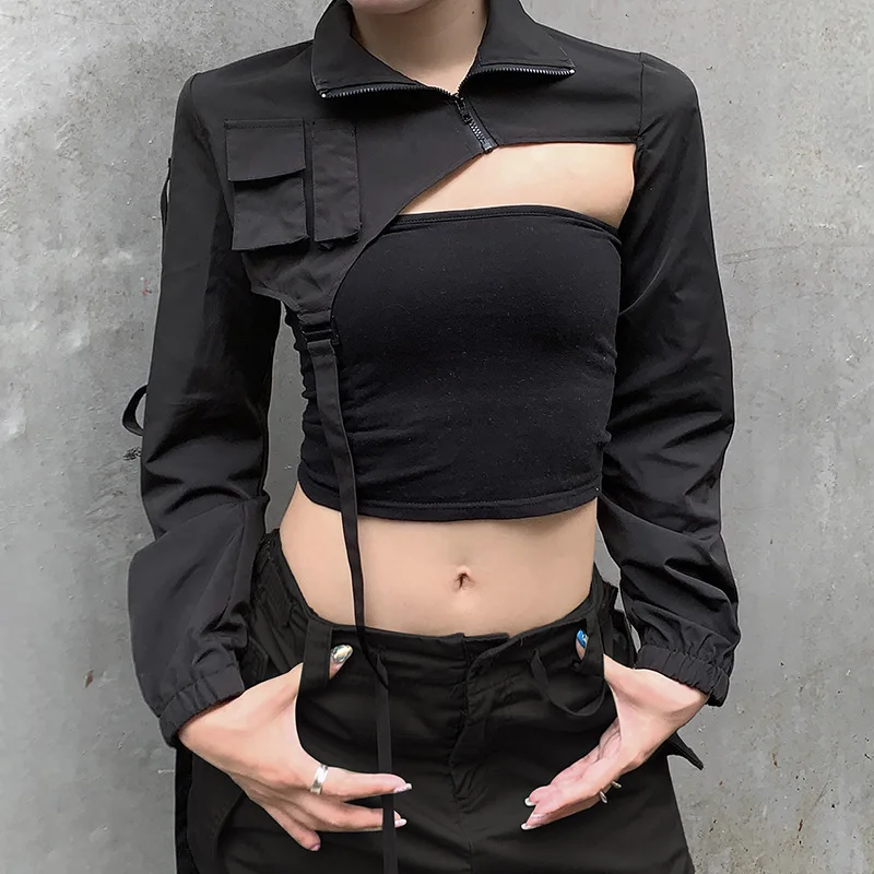 Женская рабочая куртка асимметричного дизайна с лацканами и темно-черным кардиганом на молнии с длинными рукавами