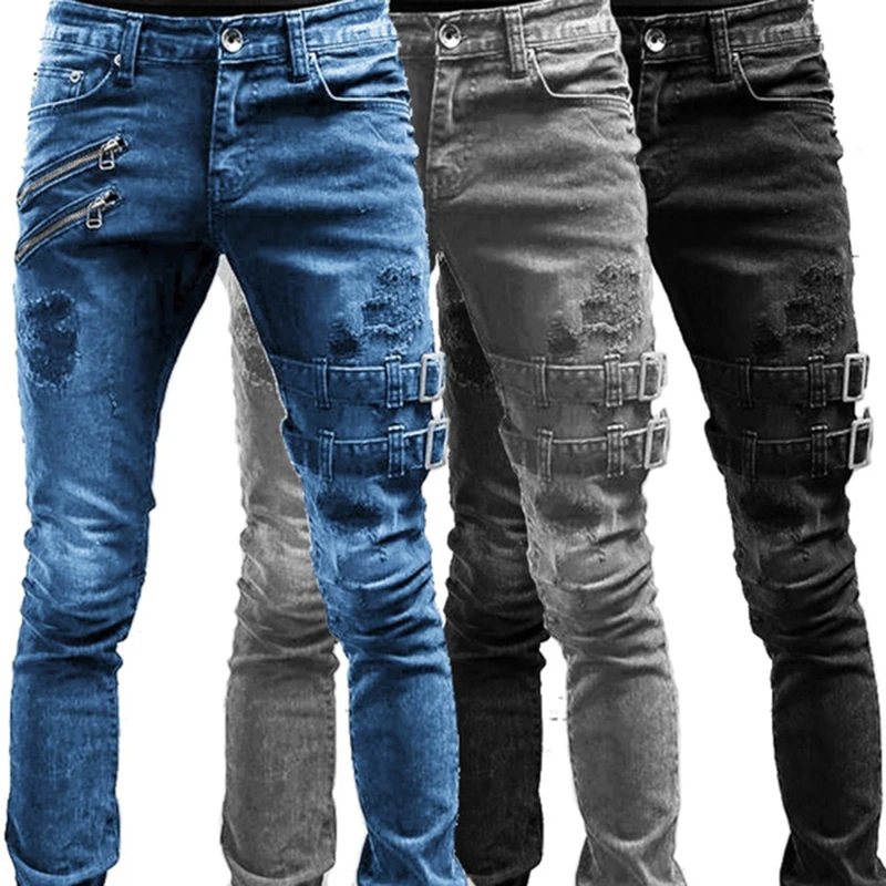 Мужские тонкие байкерские рваные длинные джинсовые брюки, обтягивающие джинсы, карманные штаны для бега молодого человека, Разрушенные Эластичные черные брюки
