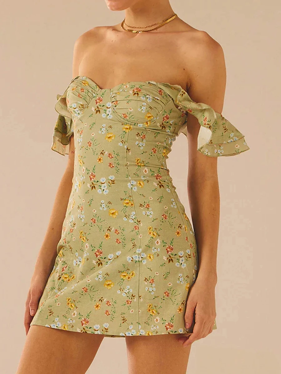 Женское мини-платье с открытыми плечами, повседневное платье без рукавов с цветочным принтом и рюшами, приталенное платье клубной одежды