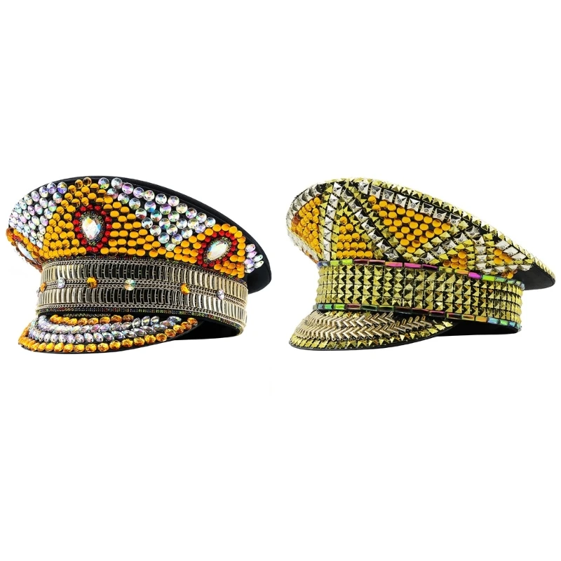 Офицерская шляпа с драгоценными камнями, золотые кристаллы, тяжелые хрустальные блестки, шляпа капитана