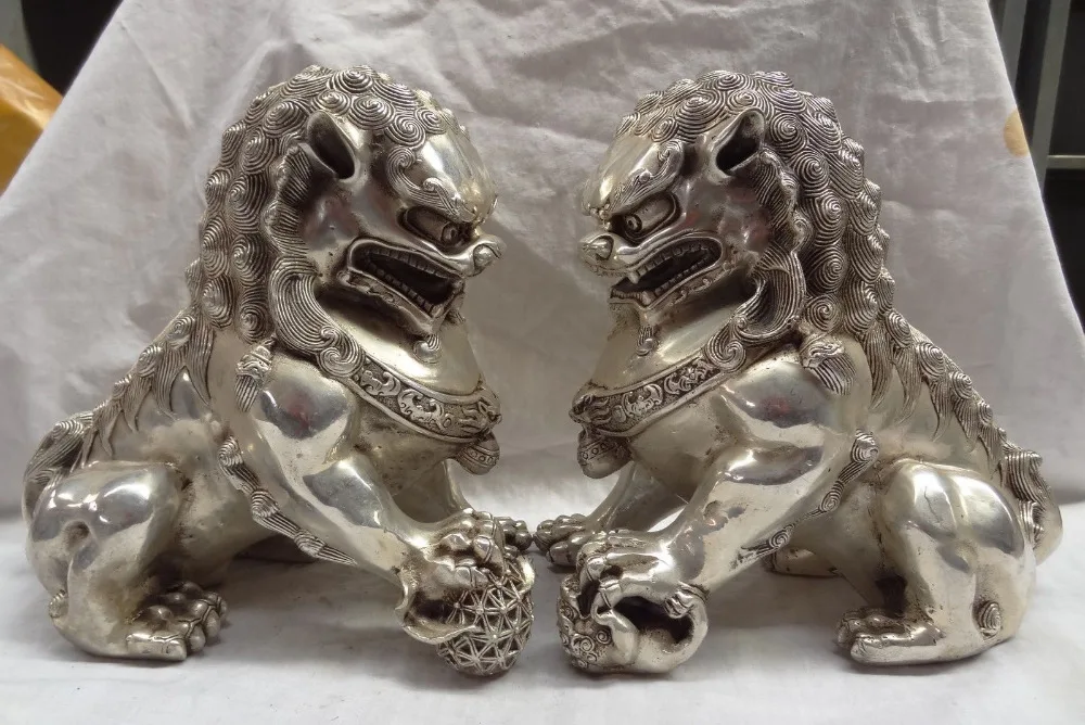 украшение бронзовые заводские розетки Тибетское Серебро Тибетское Серебро Китайское Серебро Собака-Хранитель Богатства Львиный Шар Бронзовая Статуя Пара