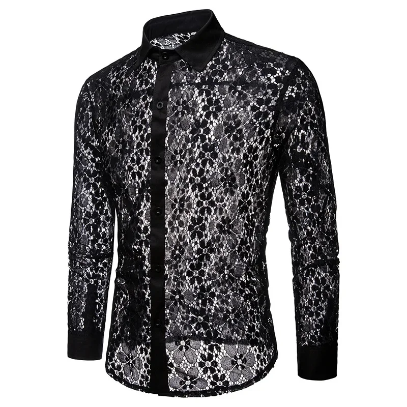 Новая мужская Осенне-Зимняя Однотонная Мужская рубашка с длинными рукавами и отворотом из Плотного Кружева Модного дизайна