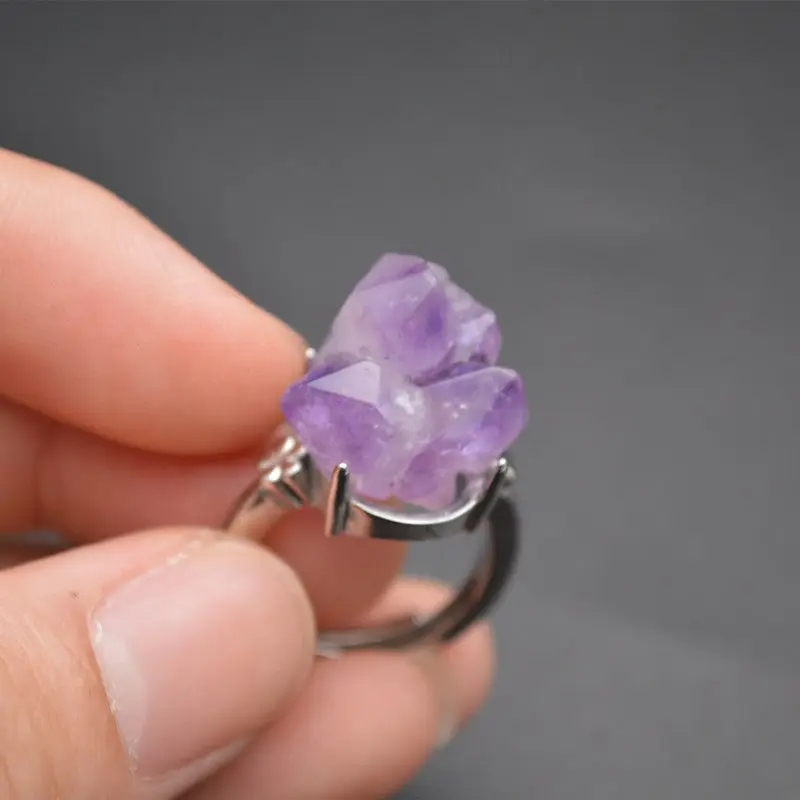 Модное кольцо для мужчин, дизайнерский камень Рейки, натуральный кристалл, целебный Фиолетовый флюорит, Необработанный кластер аметиста, ювелирное изделие, Руда Чакры, Кварц