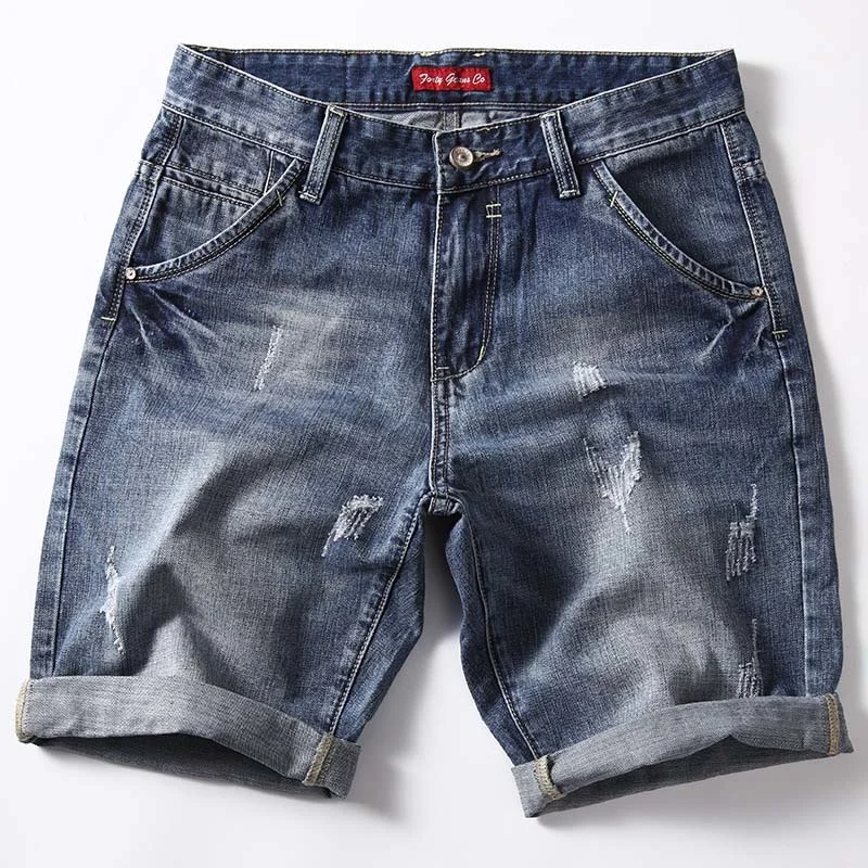 Классические джинсовые шорты Мужские 2023, Летняя мода, повседневные, приталенные, рваные Синие Короткие джинсы, мужская брендовая Одежда2