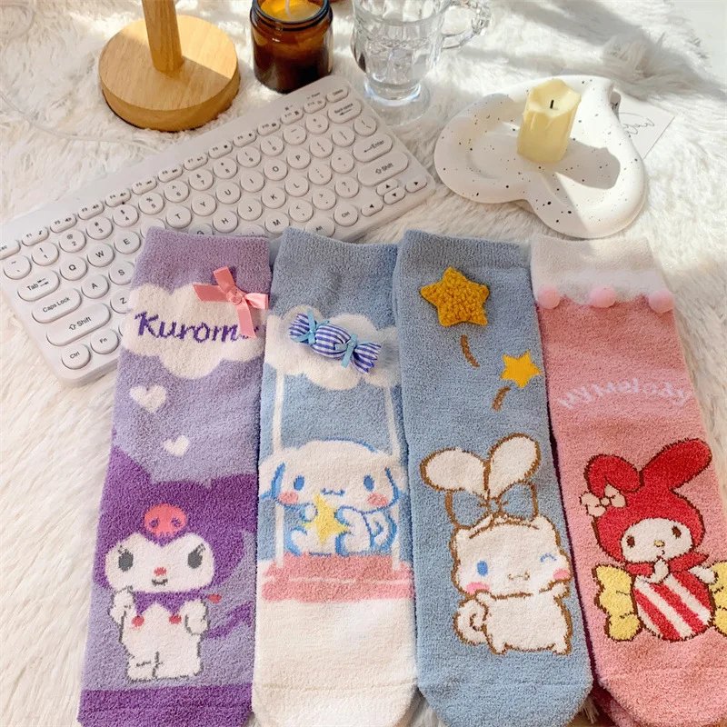 Аниме Kawaii Sanrio Cinnamoroll My Melody Kuromi Милые чулки с героями мультфильмов, милые согревающие носки, милые вещи для девочек