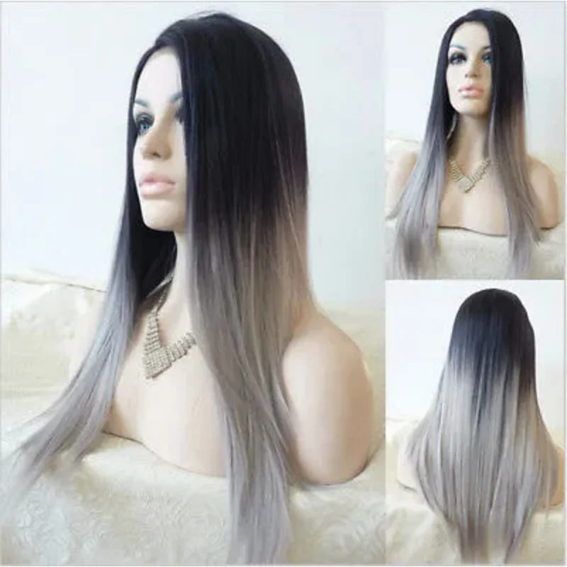 Женский длинный прямой полный парик из термостойких волос Bla Ombre Grey Party Парики