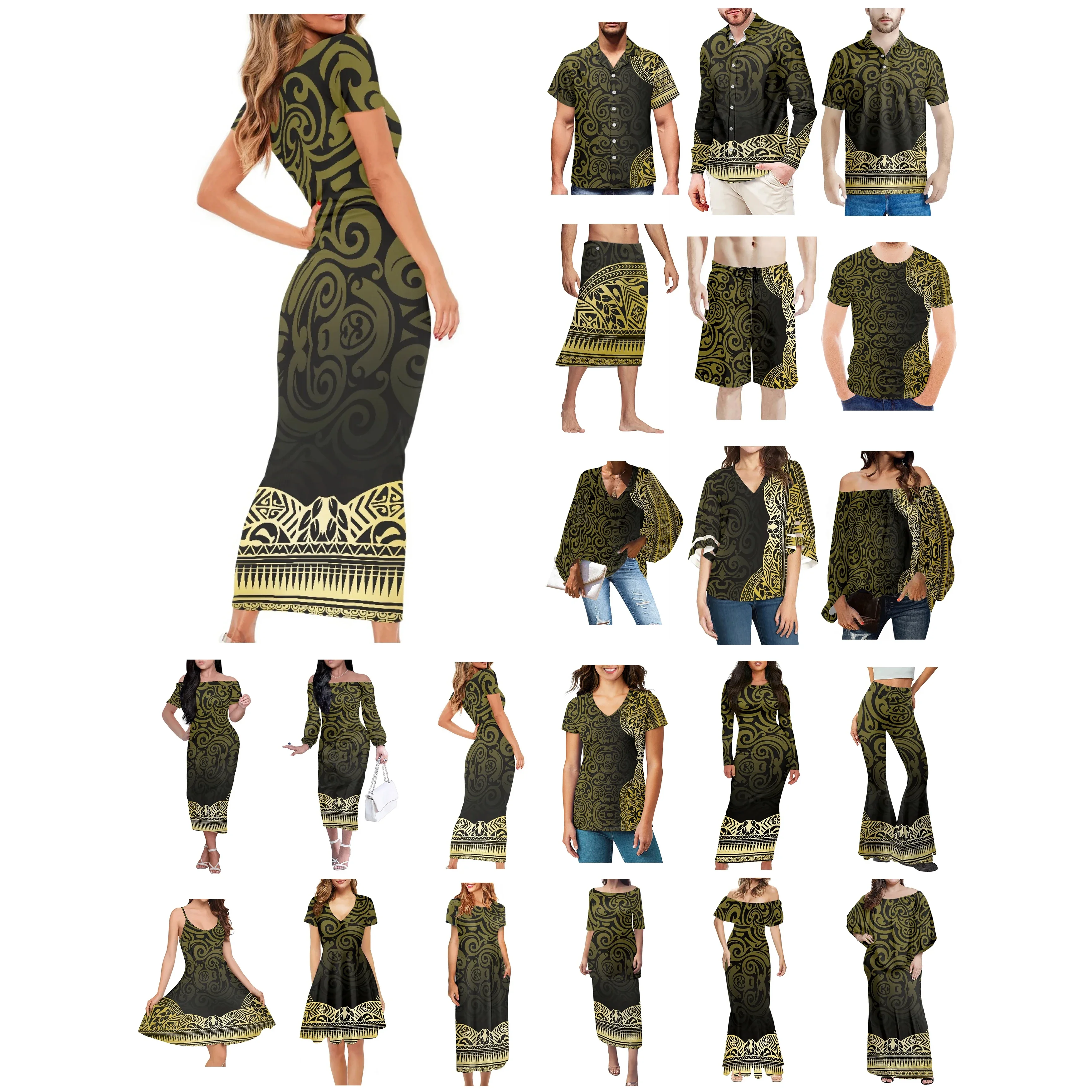 Полинезийская Тонга Гавайи Фиджи Гуам Самоа Одежда с татуировками племени Понпеи Женское платье Мужская рубашка в тон Зеленая одежда для влюбленных