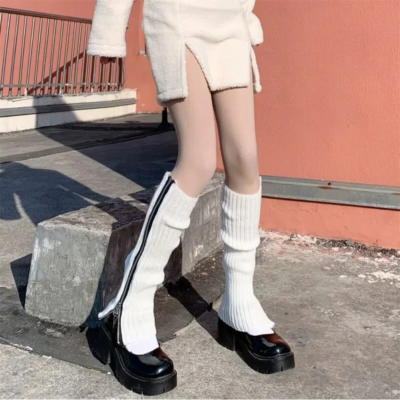 Вязаные гетры, модные женские туфли, сексуальный готический панк, теплый чехол для ног, Jk Lolita Harajuku, Боковая молния, Однотонные носки для ботинок