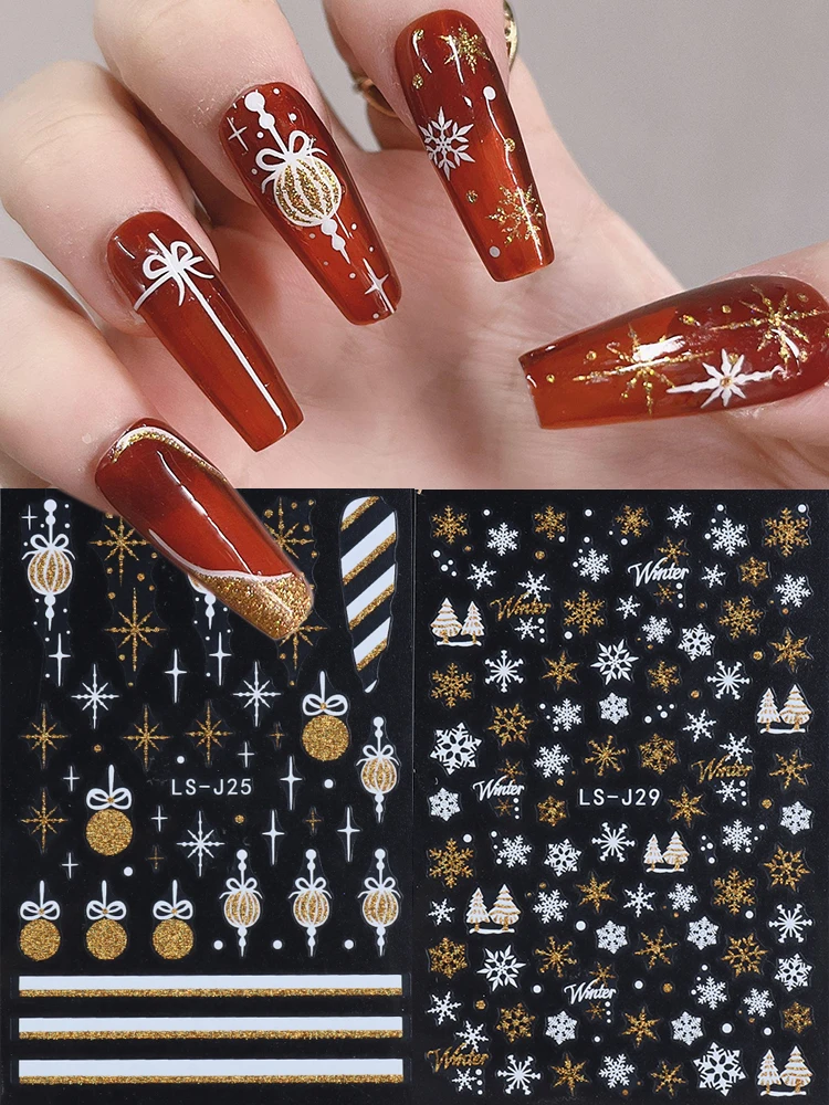Наклейки для ногтей в виде 3D снежинок, рождественский дизайн из белого золота, самоклеящиеся наклейки, Новогодняя зимняя гелевая фольга, слайдеры, украшения