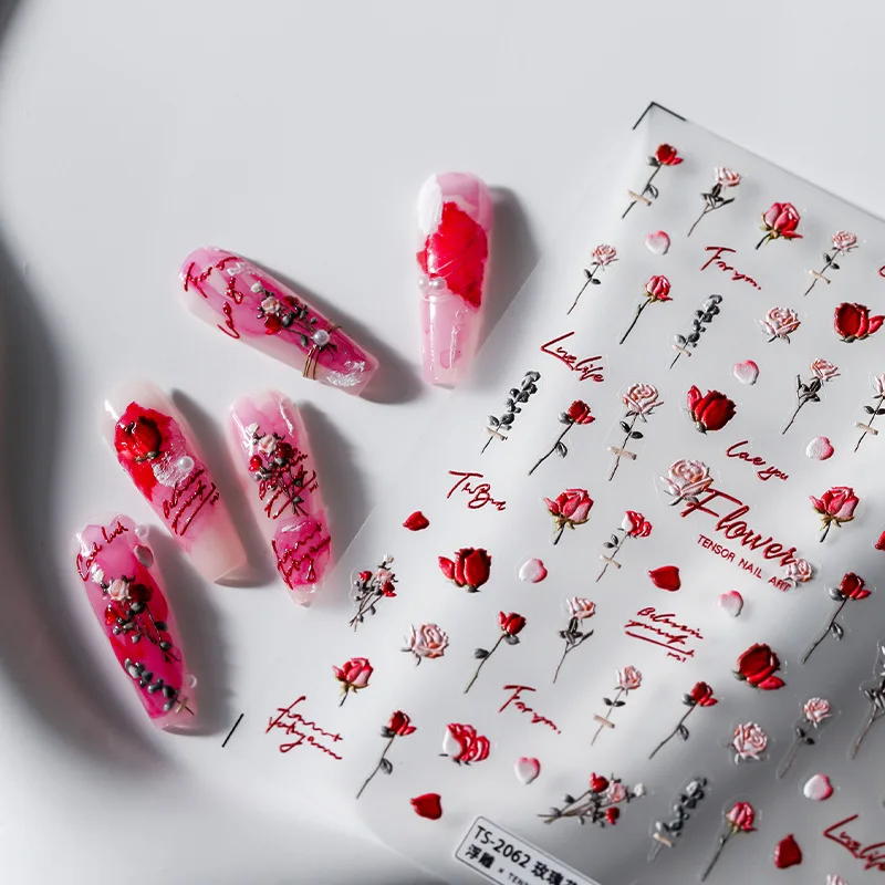 Красные Розовые розы с 5D рельефными рельефами Самоклеящиеся наклейки для дизайна ногтей 3D Наклейки для маникюра Оптовая продажа Прямая поставка