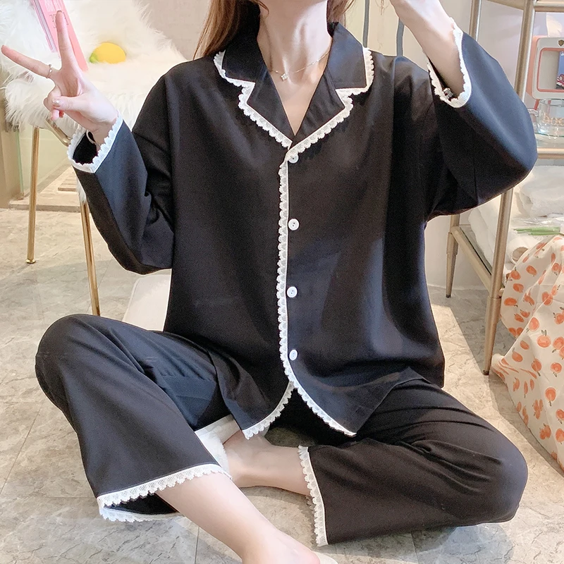 Черный кружевной пижамный комплект с длинным рукавом, осенне-зимний женский топ, одежда для отдыха, пижамный комплект, молодежный спортивный костюм для девочек