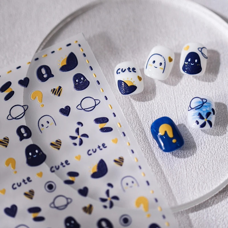 Желто-синие милые Граффити 5D С мягким тиснением, Самоклеящиеся наклейки для дизайна ногтей, 3D наклейки для маникюра Оптом