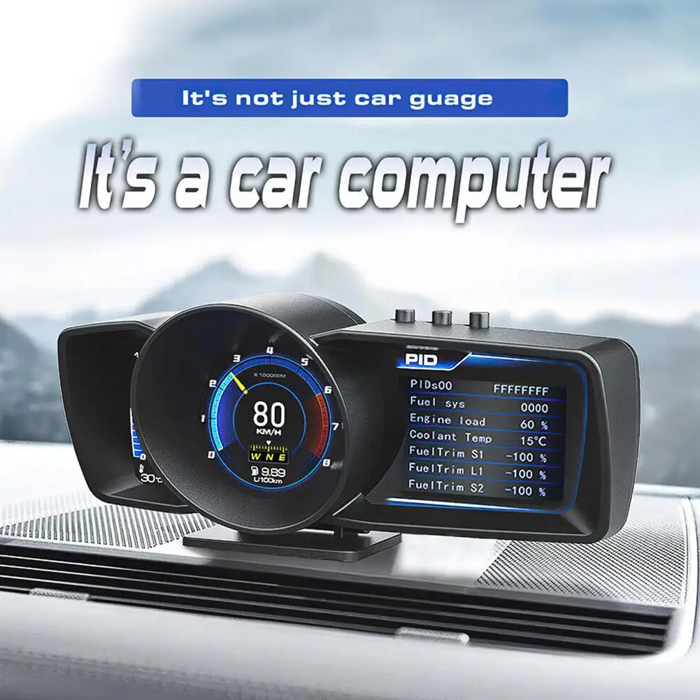 Двухэкранный Автомобильный Головной дисплей OBD2 GPS Автоматический Дисплей Smart Car HUD Датчик Бортового компьютера Охранная Сигнализация Температура воды и масла. Обороты в МИНУТУ