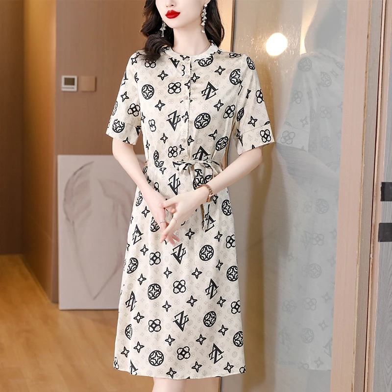 Длинное шелковое платье 2023, летнее платье с коротким рукавом и принтом тушью на талии, юбка из шелка Hangzhou mulberry