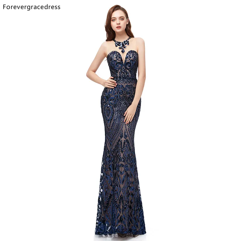 Forevergracedress Темно-синие вечерние платья с блестками 2019, официальная женская праздничная одежда, вечерние платья знаменитостей, большие размеры, сшитые на заказ