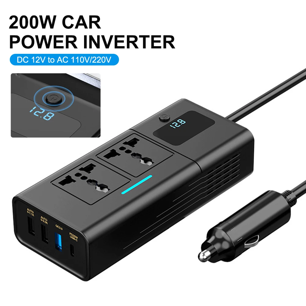 Инвертор мощностью 200 Вт от 12 В постоянного тока до 110 В переменного/220 В Модифицированный синусоидальный инверторный адаптер с 4 портами USB, быстрая зарядка PD, ЖК-дисплей