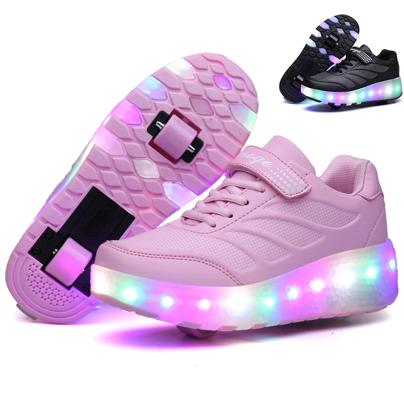 Дизайнерские модные Светящиеся кроссовки на двух колесах, Светодиодные Роликовые коньки Для детей, Обувь для мальчиков и девочек загорается от USB-зарядки
