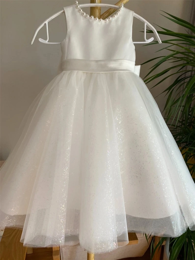 Блестящие платья с цветочным узором для девочек 2023 г., платье принцессы для девочек, бальное платье для свадебной вечеринки, детские платья с бантом и жемчугом