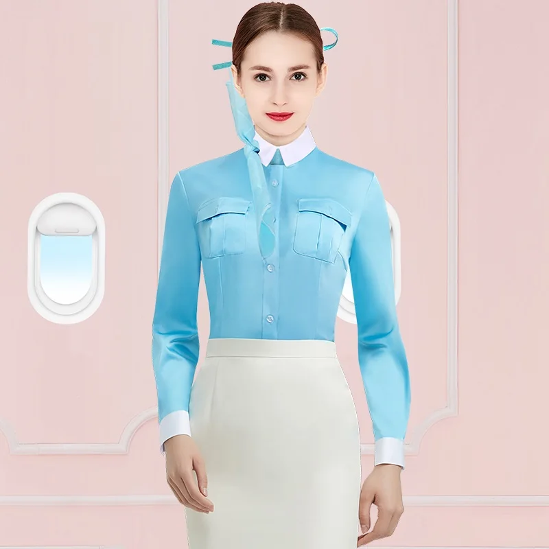 Униформа стюардессы Южнокорейской женской авиакомпании, юбка с коротким рукавом, Рабочая одежда для стюардесс - Глянцевый синий