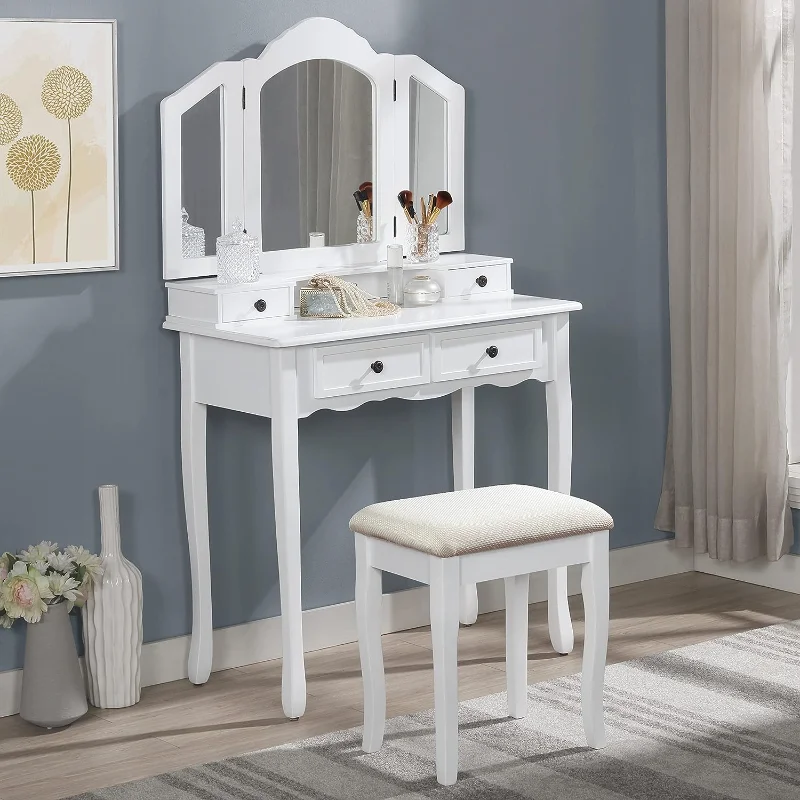 Деревянный туалетный столик Roundhill Furniture Sanlo | Набор для макияжа и табуретов | Белый