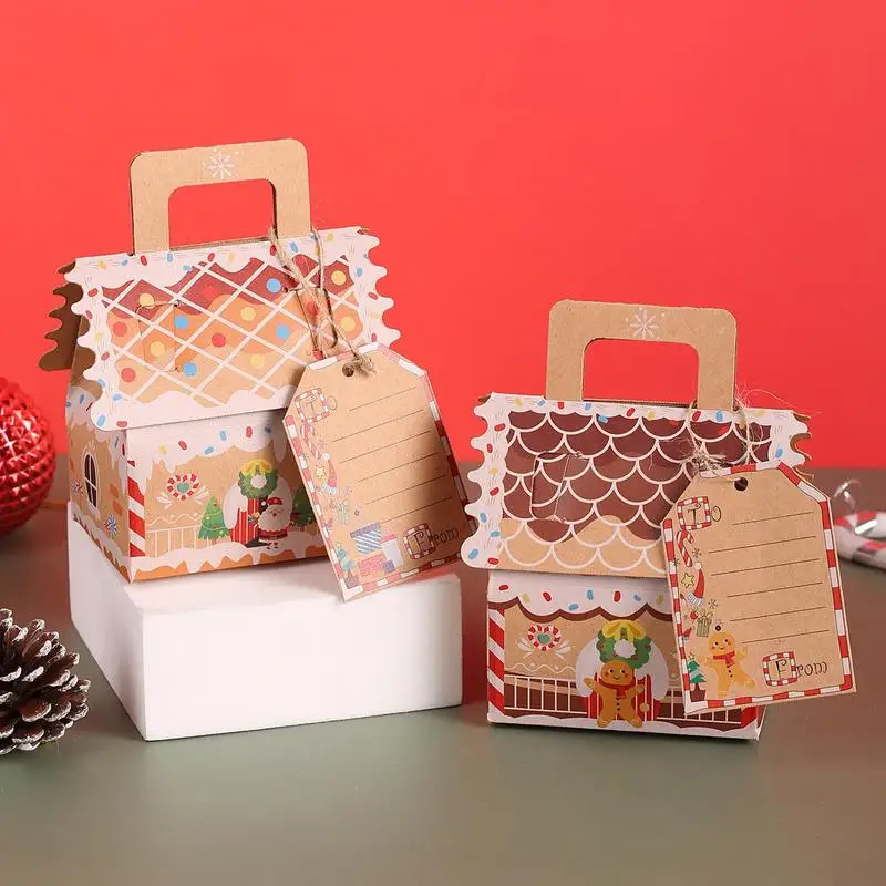 10ШТ Рождественских подарочных коробок для конфет с биркой, Крафт-бумага, Коробки для угощений в форме пряничного человечка в форме домика, Упаковочные пакеты для рождественского декора