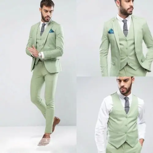 Новейший дизайн, светло-зеленый свадебный мужской костюм, смокинг для выпускного вечера жениха, мужские костюмы Terno Masculino, 3 предмета (куртка + брюки + жилет)