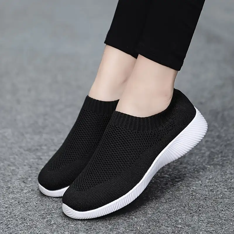 Черные вязаные кроссовки без застежки, модная противоскользящая спортивная обувь для бега, женская обувь